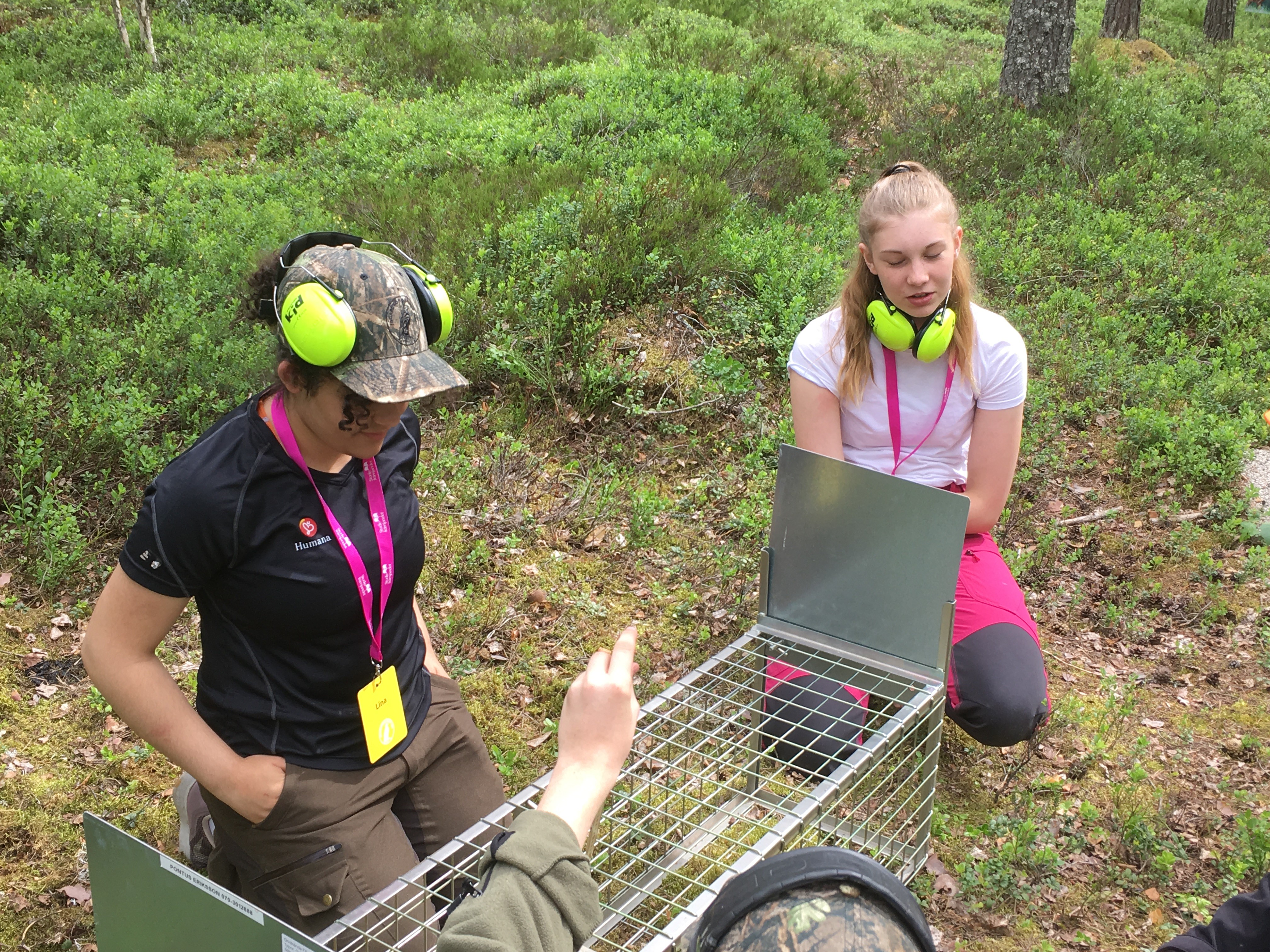 Lina Kareen och My Semstrand från Örebro lär sig ladda en minkfälla. Foto Christer Gruhs