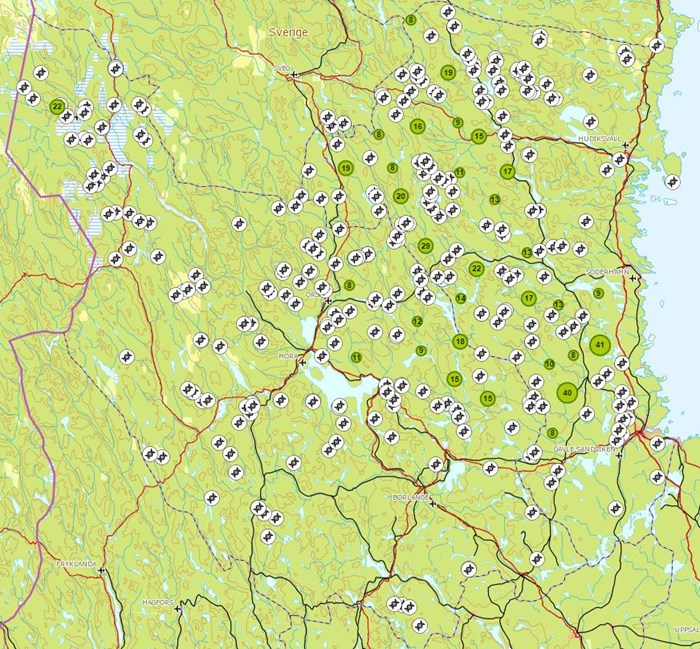 Karta över hittade björnspillningar i Dalarna och Gävleborg