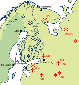 Figur 2. Frisläppningsplatser (röda stjärnor) för de i de västra delarna av före detta Sovjetunionen frisläppta mårdhundarna samt observerad spridning i Finland (blåa stjärnor) (Helle & Kauhala 1991).