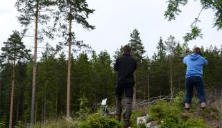 en person skjuter lerduvor och en står och sköter lerduvekastaren på ett hygge med skog framför